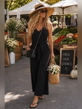 139. ORB | Black Ribbed Wide Leg Jumpsuit | L | Pockets | Belt |19/53
